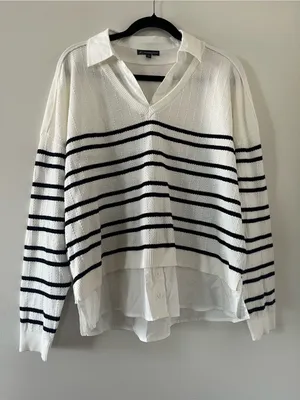 Adrianna Papell Black White Striped Layered Sweater XL Coastal Preppy Business thumbnail 1