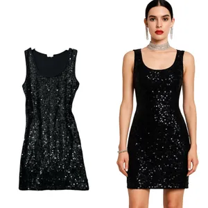 Womens Black Sequin Sleeveless Bodycon Cocktail Dress Size 0 90's Clubwear Glam‎ thumbnail 1