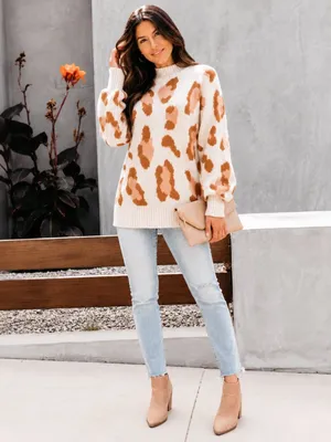Leopard Print Knit Sweater Lantern Sleeve Pullover Cream Brown NWT Orange Size M thumbnail 4