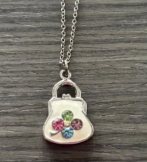Vintage White Enamel Sterling Silver Rhodium Plated Crystal Purse Necklace thumbnail 3