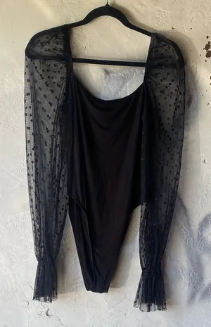 Elegant Square Neck Black Dot Sheer Sleeve Bodysuit Sz Large thumbnail 1