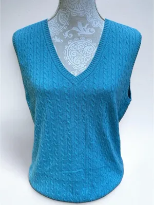 VTG LL Bean Cable Sweater Vest L-REG Wool/Cashmere Cable Knit Teal Green Preppy thumbnail 1