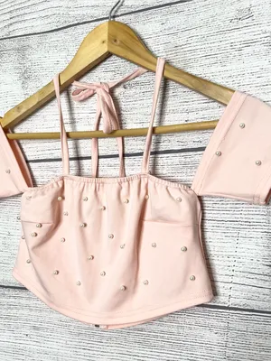 Pink Pearl Two-Piece Set Embellished Off Shoulder Crop Top & Shorts Size Small thumbnail 5