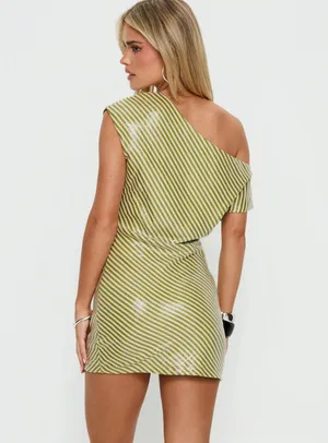 Speed Dial Off Shoulder Sequin Mini Dress Green Stripe thumbnail 3