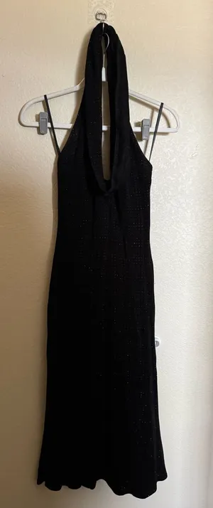Vintage Y2K Glitter Halter neck waterfall neck midi dress sz 4 black open back thumbnail 1