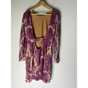 For Love & Lemons Purple Floral Lace Open Back Mini Dress Long Sleeve Tan Lining thumbnail 2