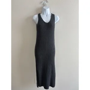 FREE PEOPLE Emmy Ribbed V-Neck Sweater Dress Cotton Small Petite GRAPHITE Slits‎ thumbnail 3