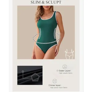 NEW Green Slimming 1 Pc Swimsuit Ribbed High Cut Bathing Suit L thumbnail 7