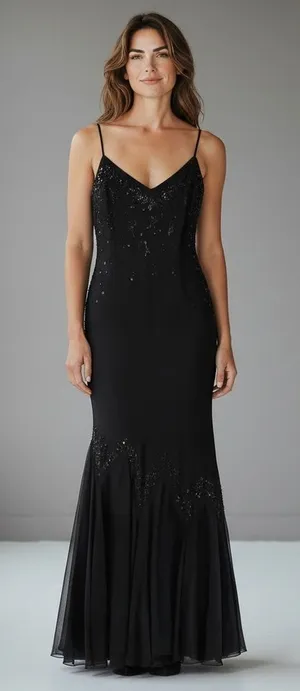 R&M RICHARDS Long Maxi Chiffon Beaded Spaghetti Strap Cocktail Dress thumbnail 1
