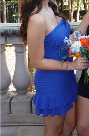 Lucy in the Sky Crepe Ruched Bodycon Dress in Blue thumbnail 4