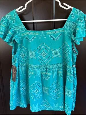 NWT Wrangler Retro Square Neck Aztec Print Top Teal Size Medium thumbnail 8