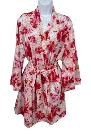 Oscar de la Renta Pink Label Floral Kimono Robe Belted Lounge Lightweight L thumbnail 1