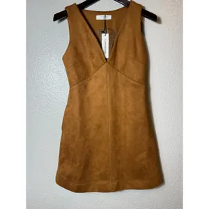 NWT COMMENSE Suede V-Neck Sleeveless Mini Dress Light Brown XS thumbnail 3