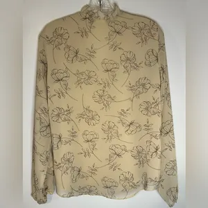 Calvin Klein Long Sleeve Ruffled Sheer Floral V-neck Tan Blouse‎ Pre-owned XS thumbnail 7