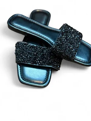 Black Rhinestone Slide Sandals • Glam Sparkle Flats • Size 40 (US 9–9.5) thumbnail 3