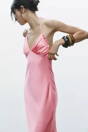 Zara Maxi dress Pink Satin ruffle bodycon party wedding summer evening thumbnail 9