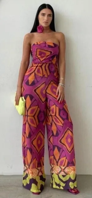 Zara boho Strapless Wide-Leg Jumpsuit in Magenta & Orange thumbnail 1