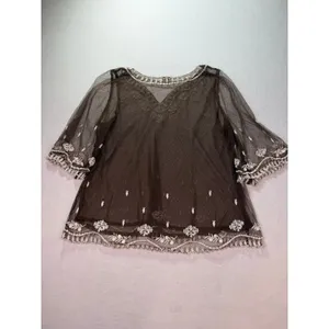 Sundance Brown Mesh Embroidered Tunic Top V-Neck 3/4 Sleeve Boho Floral Large thumbnail 8