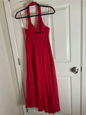 Zara Red Linen Blend Halter Midi Dress Size S Cowl Neck Tortoiseshell Buttons thumbnail 11