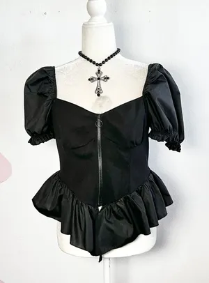 SHEIN Black Puff Sleeve Top Victorian Gothic‎ Whimsigoth Milkmaid Large thumbnail 1