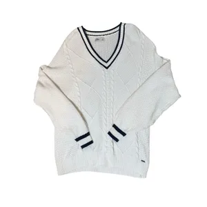 Hollister Preppy V-Neck Cream White Cable Knit Sweater‎ Medium Oversized Tennis thumbnail 6