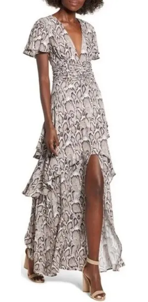 AFRM Micah Corset Tiered Maxi Dress Snakeskin Print XL Tiered Ruffle V-Neck thumbnail 1