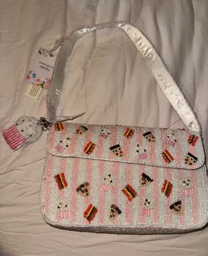 Made in India Pink Beaded Novelty Food Shoulder Bag with Beaded Bag Charm thumbnail 1