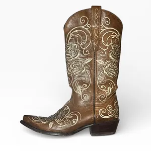 Wildflowers Bluebonnet Size 6 Brown Leather Rose Embroidered Cowboy Boots‎ Rodeo thumbnail 2