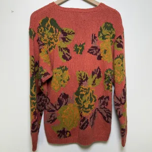 VTG 80s British Khaki Women Cotton Sweater Pink Floral‎ Knit Cottage Intarsia thumbnail 5