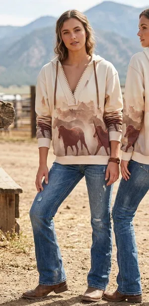 Shyanne Cream & Brown Horse-Print Hooded V-Neck Pullover thumbnail 1