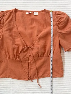 Levi's Luisa Linen Blend Rust Orange Cropped Puff Sleeve Top with Bow Tie Front thumbnail 7