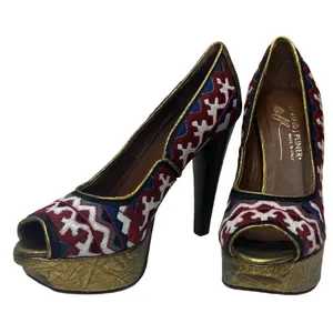 Donald J Pliner Couture Embroidered Peep Toe Platform Pumps Gold Red‎ Blue 6.5M thumbnail 2