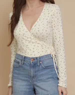 Lane 201 Pastel Yellow Floral Print Wrap Long Sleeve V-neck Bodysuit size medium thumbnail 1