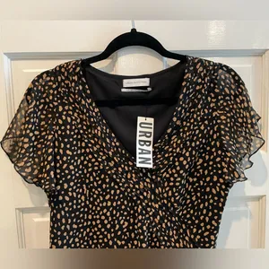 Urban Outfitters V-Neck Flutter Sleeve Leopard‎ Dress Brown Black Size Small NWT thumbnail 2