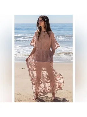 POL “Dress Me In Lace” Cotton Maxi Lace Romper Caramel Festival Coastal Boho M/L thumbnail 4