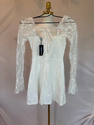 PrettyLittleThing White Lace Long Sleeve Mini Dress thumbnail 4