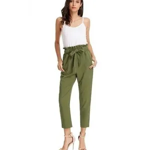 Grace Karin Paperbag Waist Pants Olive‎ Green Tie Belt Cropped Ankle Leg L NWT thumbnail 2