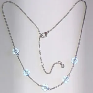 Silver Tone Clear Blue Flowers Dainty Chain Boho Necklace thumbnail 1