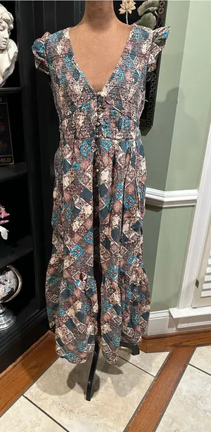 Anthropologie “Peregrine” Patchwork Midi Dress – Smocked Bodice – Size Medium thumbnail 1
