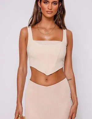 Tiger Mist Mesh Square Neckline Back Zip Nude Boning Bodice V Hem Corset Top XS thumbnail 1