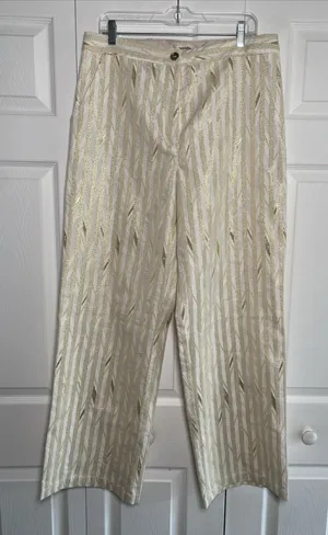 Porridge Gold Stripe Wide Leg‎ Pants Womens Size 10 White Jacquard High Rise thumbnail 1