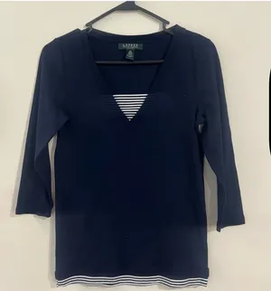 Lauren Ralph Lauren Navy Blue Cotton V-Neck Top with Striped Trim, Size PM thumbnail 1