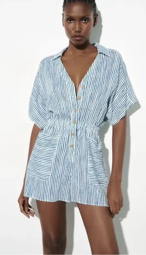 Blue White Stripe Lined Blend Button Down Shirt Short Romper Jumpsuit thumbnail 1