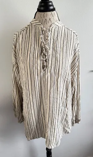 Free People Striped‎ Tunic Top Blouse Women's M/M Medium Long Sleeve Ivory Black thumbnail 1