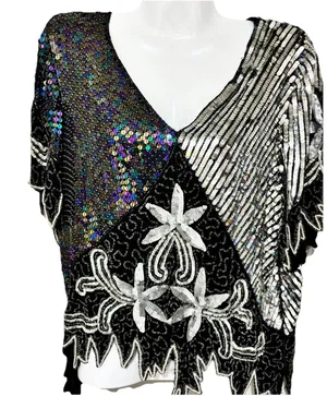 Vtg Scala Beaded Sequin Top Black Silver Embellished Blouse Size Large thumbnail 1