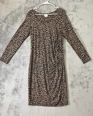Isabel Maternity Leopard Print Ruched Side Dress Brown Black Long Sleeve Size M thumbnail 1