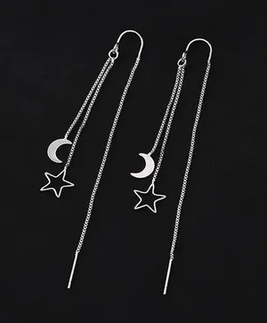 Silver Moon Star Threader Long Tassel Earring Chain, Drop Dangle Woman Earrings thumbnail 2