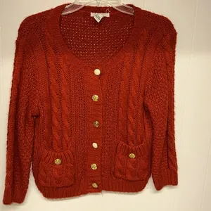 Forever 21 I LOVE H81 Cardigan Womens large Red Cropped Cable Knit 3/4 Sleeves thumbnail 1