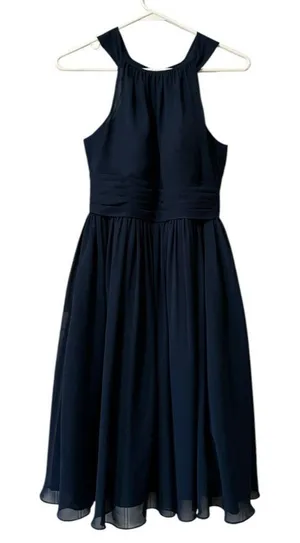 Azazie Bridesmaid Dress Blue Size A0‎ Midi A Line Flare Polyester Formal Wedding thumbnail 1