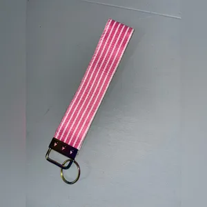 Handmade Pink White Striped Preppy Satin Canvas Key fob Wristlet Keychain Barbie thumbnail 2